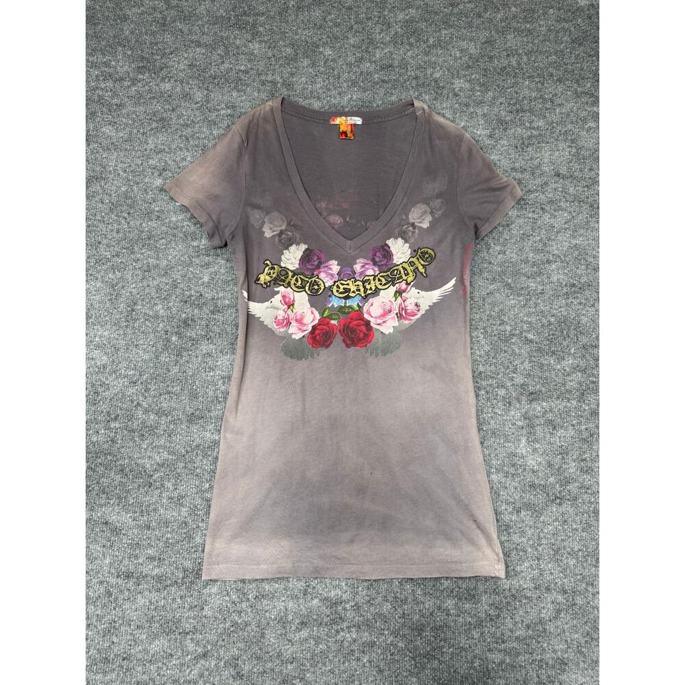 Christian Audigier Paco Chicano Women’s T-Shirt Sz L V-Neck Crown Roses Dove‎